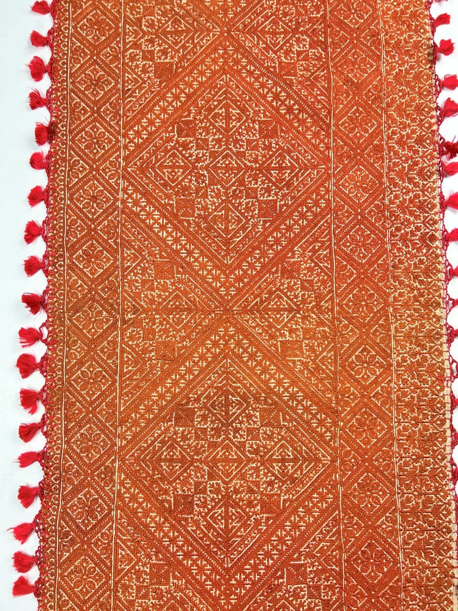 Dessus de coffre en Broderie de Fès et camaieu d'orange - Maroc Fin XIXe siècle -photo-4
