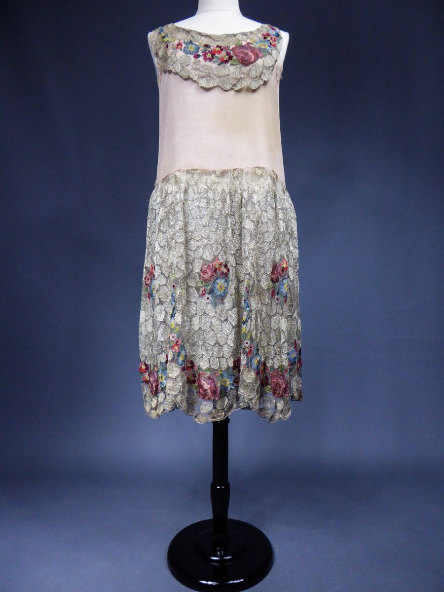 Art Deco Dress In Embroidered Appliqué Tulle And Chiffon Circa 1920/1925-photo-2