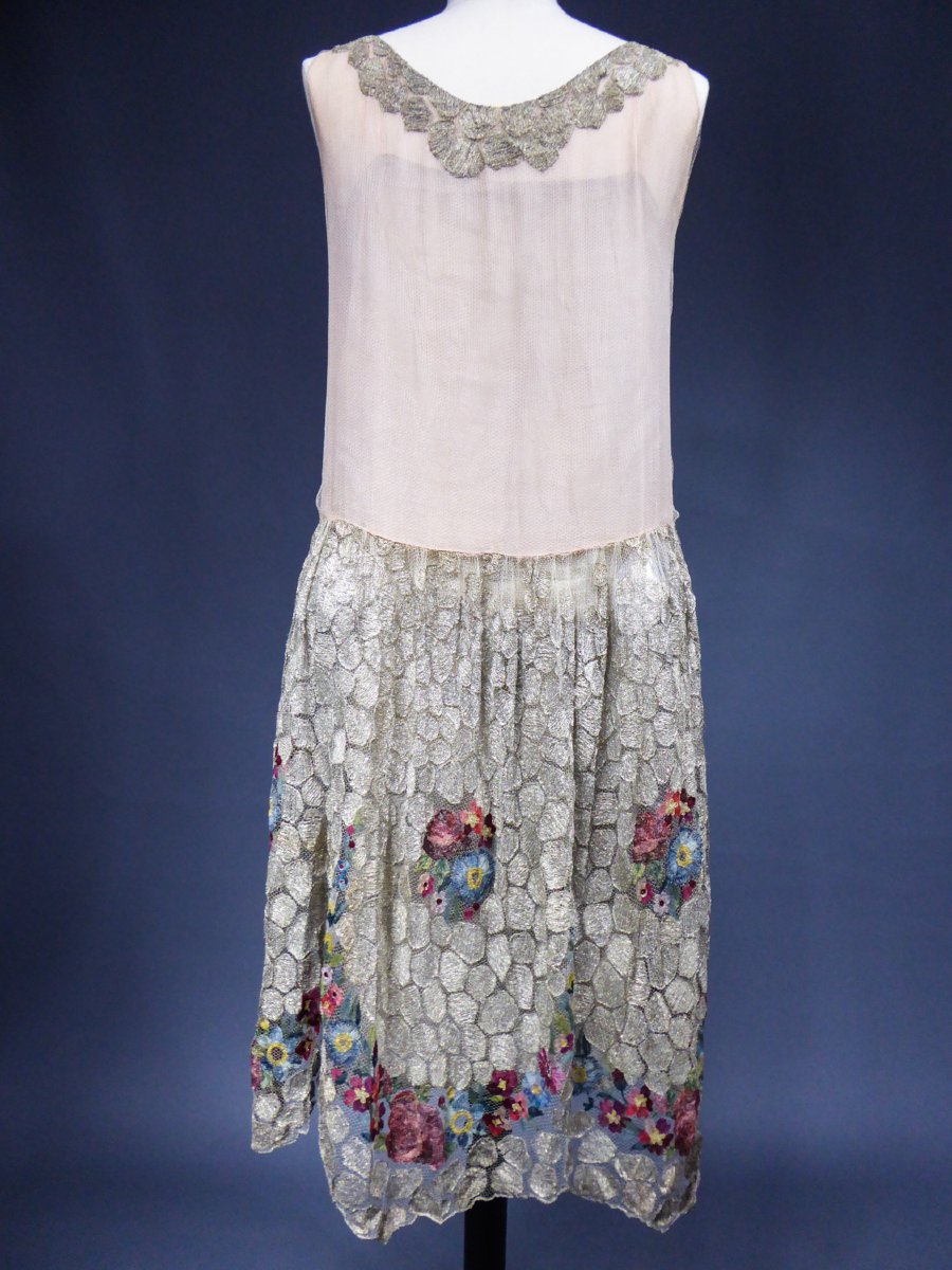 Art Deco Dress In Embroidered Appliqué Tulle And Chiffon Circa 1920/1925-photo-5