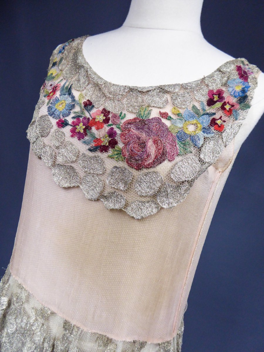 Art Deco Dress In Embroidered Appliqué Tulle And Chiffon Circa 1920/1925-photo-8