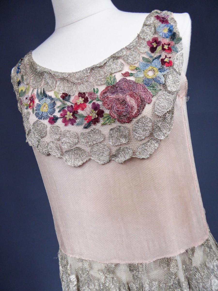Art Deco Dress In Embroidered Appliqué Tulle And Chiffon Circa 1920/1925