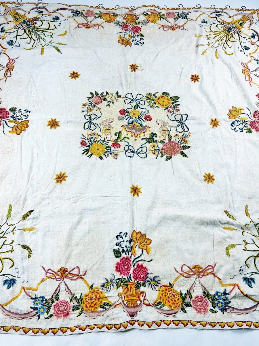Cambrasine ou Crewel Work, broderie de laine polychrome sur Ratine peluchée - France Circa 1700-photo-3