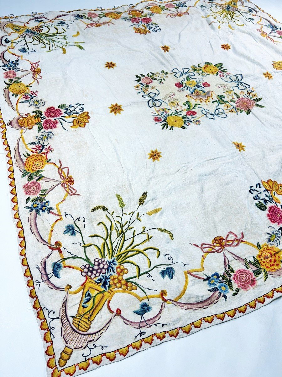 Cambrasine ou Crewel Work, broderie de laine polychrome sur Ratine peluchée - France Circa 1700-photo-4