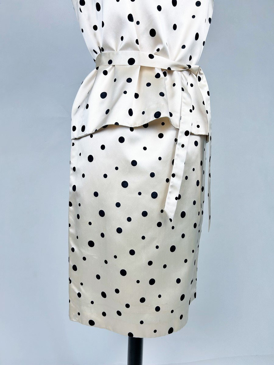 Cocktail Dress And Bolero In Satin Flocked With Black Polka Dots - France Circa 1965-photo-3