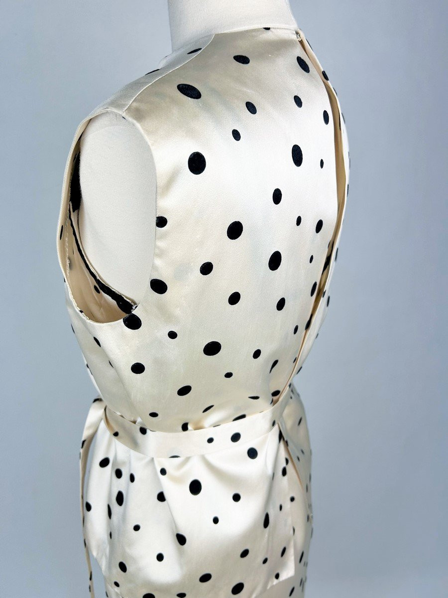 Cocktail Dress And Bolero In Satin Flocked With Black Polka Dots - France Circa 1965-photo-3