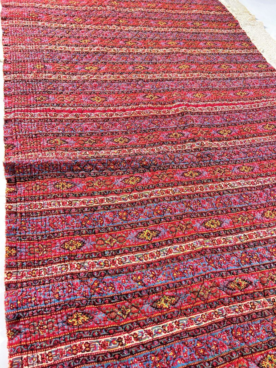 Quilted Skirt In Striped Red And Lapis Blue Indian Fabric - Provence, Circa 1870-photo-2