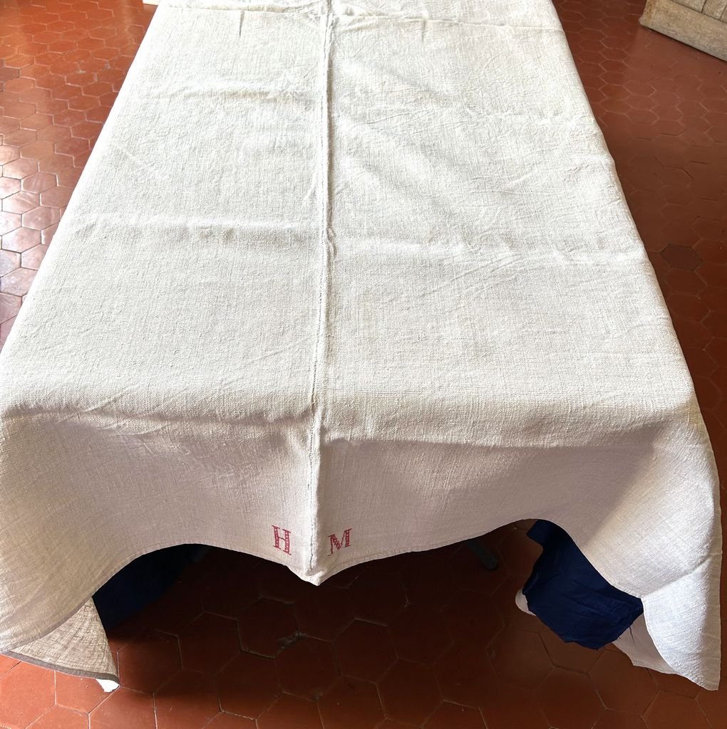 A Siamese Cloth Monogrammed Hm - French Countryside, 19th Century-photo-5