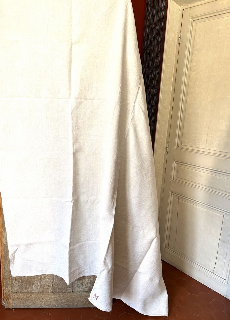 A Siamese Cloth Monogrammed Hm - French Countryside, 19th Century-photo-7