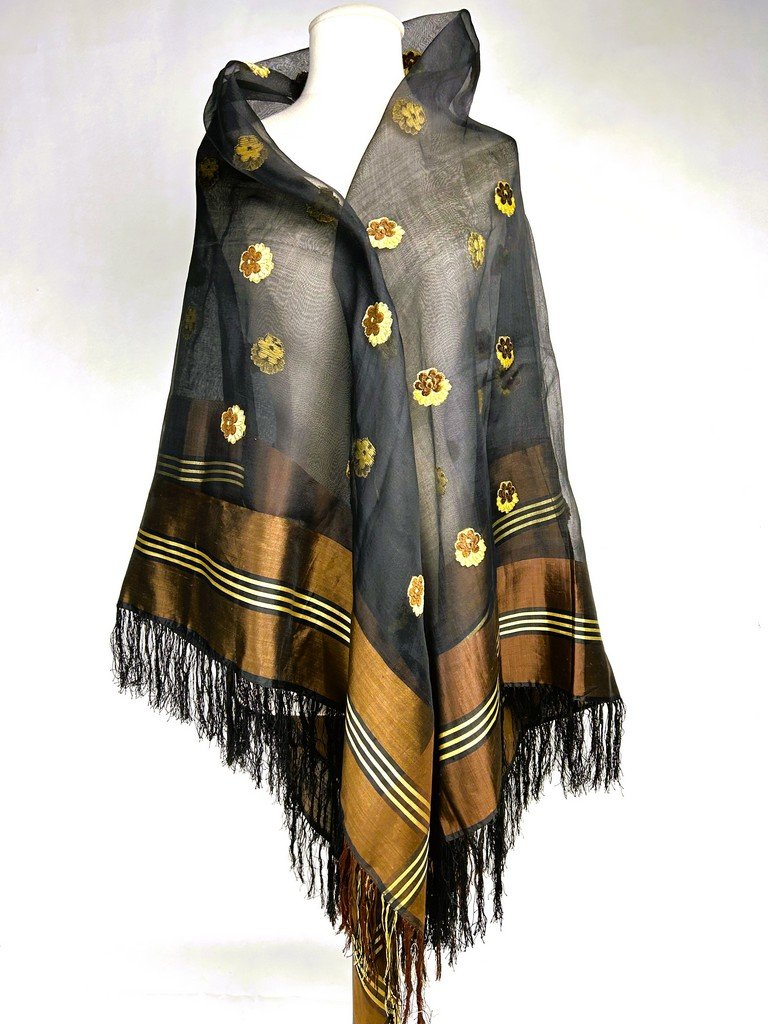 Grenadine Silk Shawl With Brocaded Patterns In Chamois And Gold - France, Circa 1860-photo-4