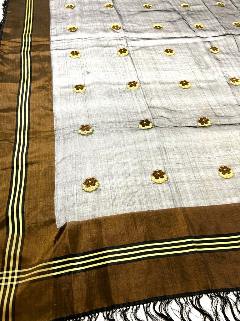 Grenadine Silk Shawl With Brocaded Patterns In Chamois And Gold - France, Circa 1860-photo-5