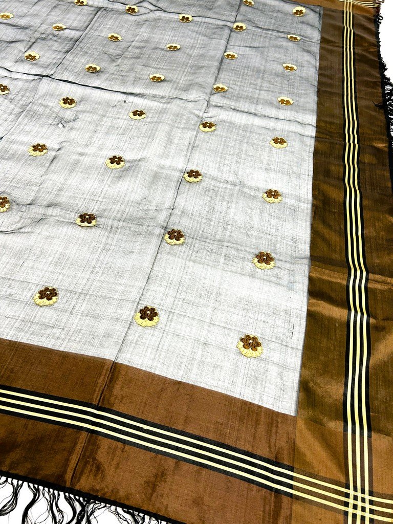 Grenadine Silk Shawl With Brocaded Patterns In Chamois And Gold - France, Circa 1860-photo-6