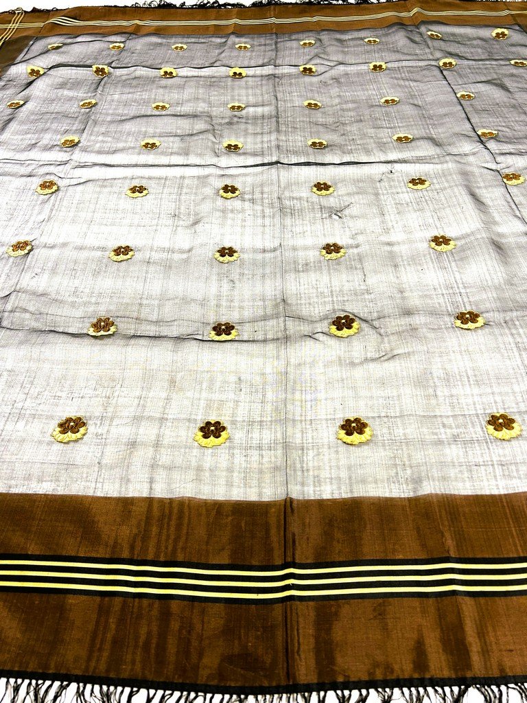 Grenadine Silk Shawl With Brocaded Patterns In Chamois And Gold - France, Circa 1860-photo-7