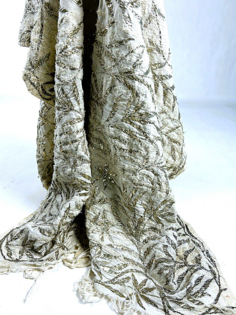 Large Hammam Or Peshtemal Towel In Terry Cotton Embroidered With Silver - Ottoman Greece, Late 19th Century-photo-7