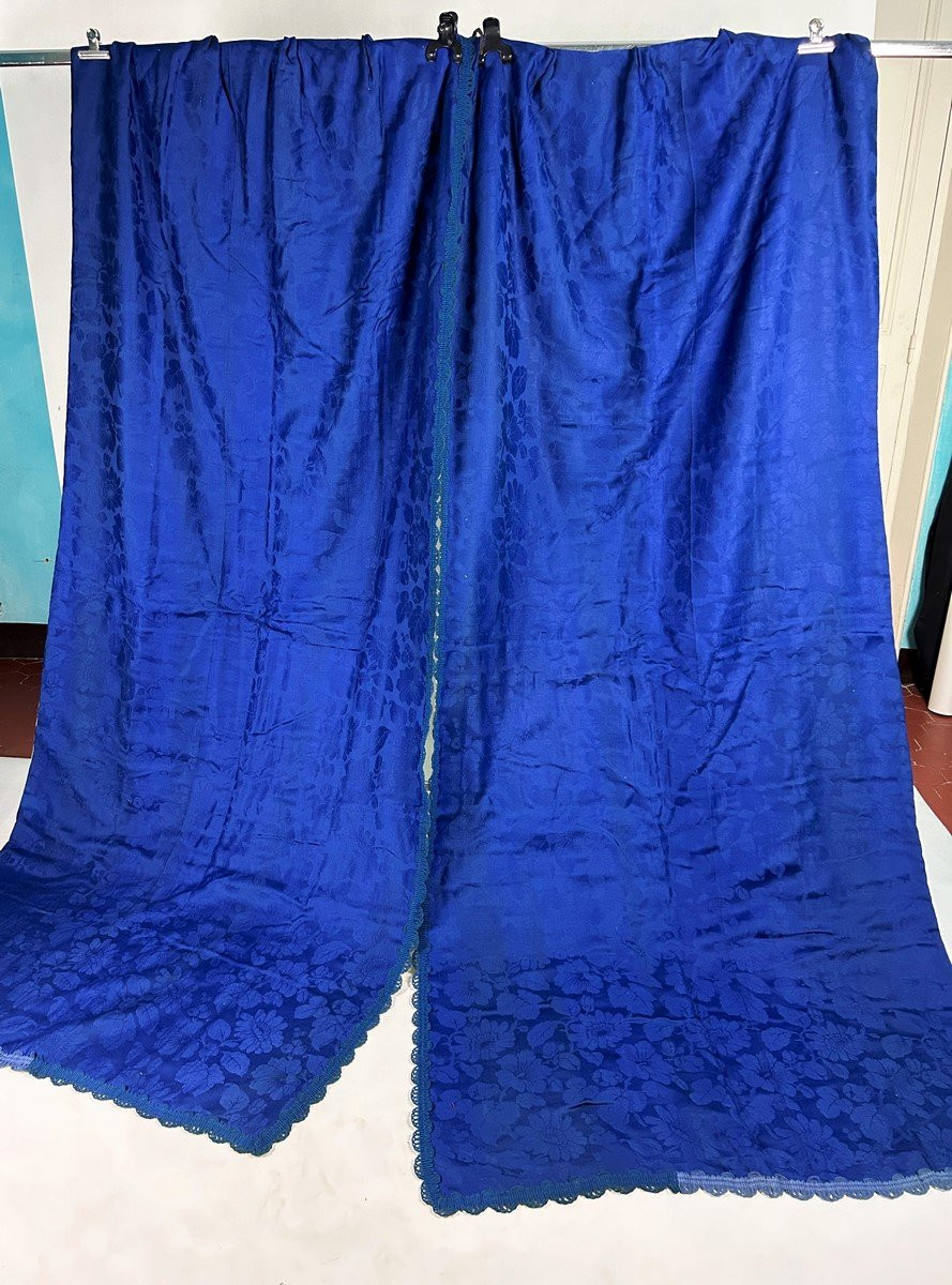 Pair Of Imperial Damask Wool Curtains, Raymond Blue - France, Circa 1860-photo-3