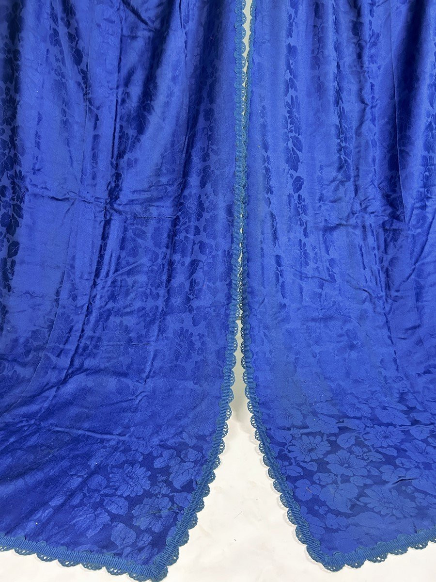 Pair Of Imperial Damask Wool Curtains, Raymond Blue - France, Circa 1860-photo-3