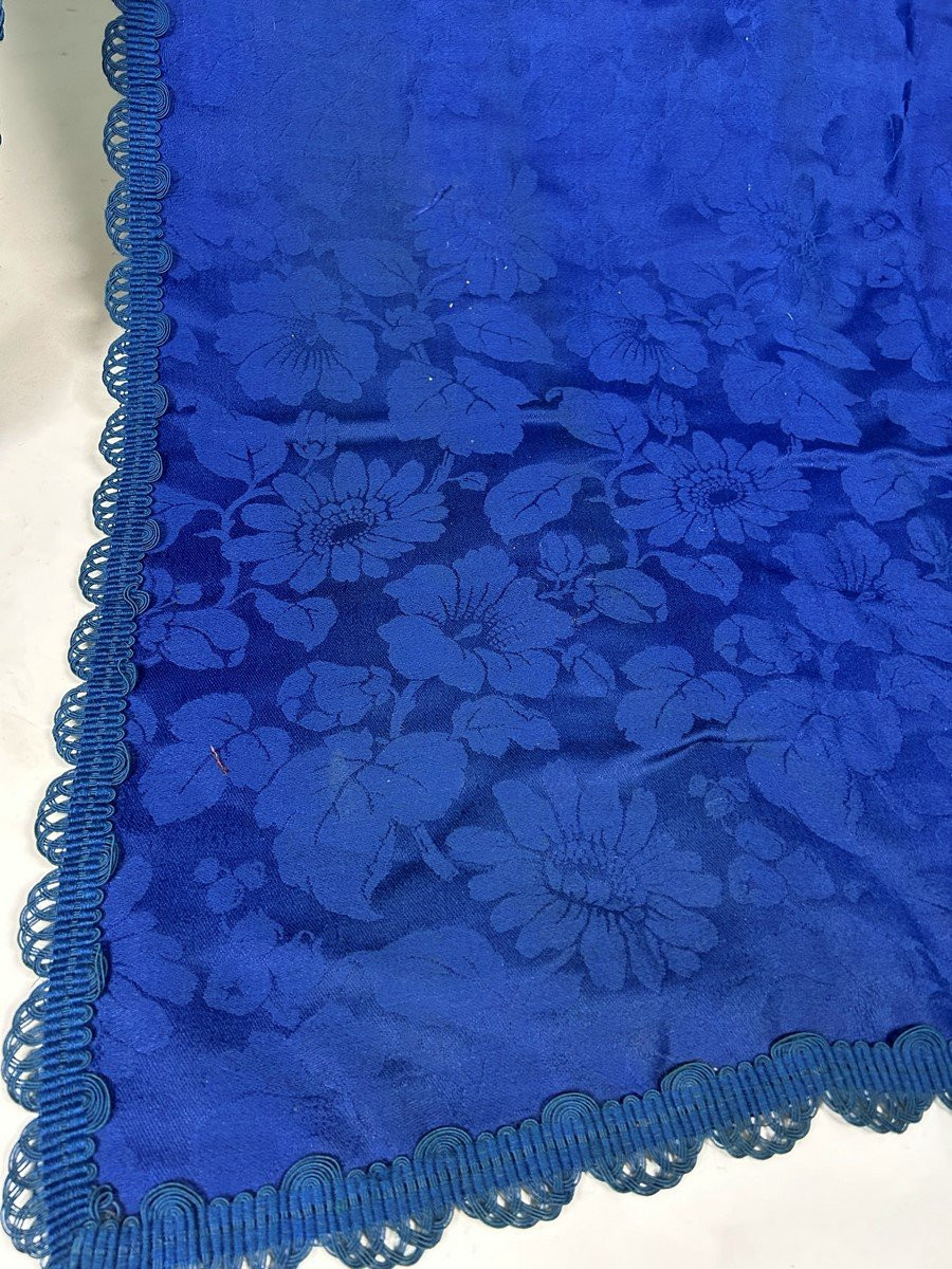 Pair Of Imperial Damask Wool Curtains, Raymond Blue - France, Circa 1860-photo-4