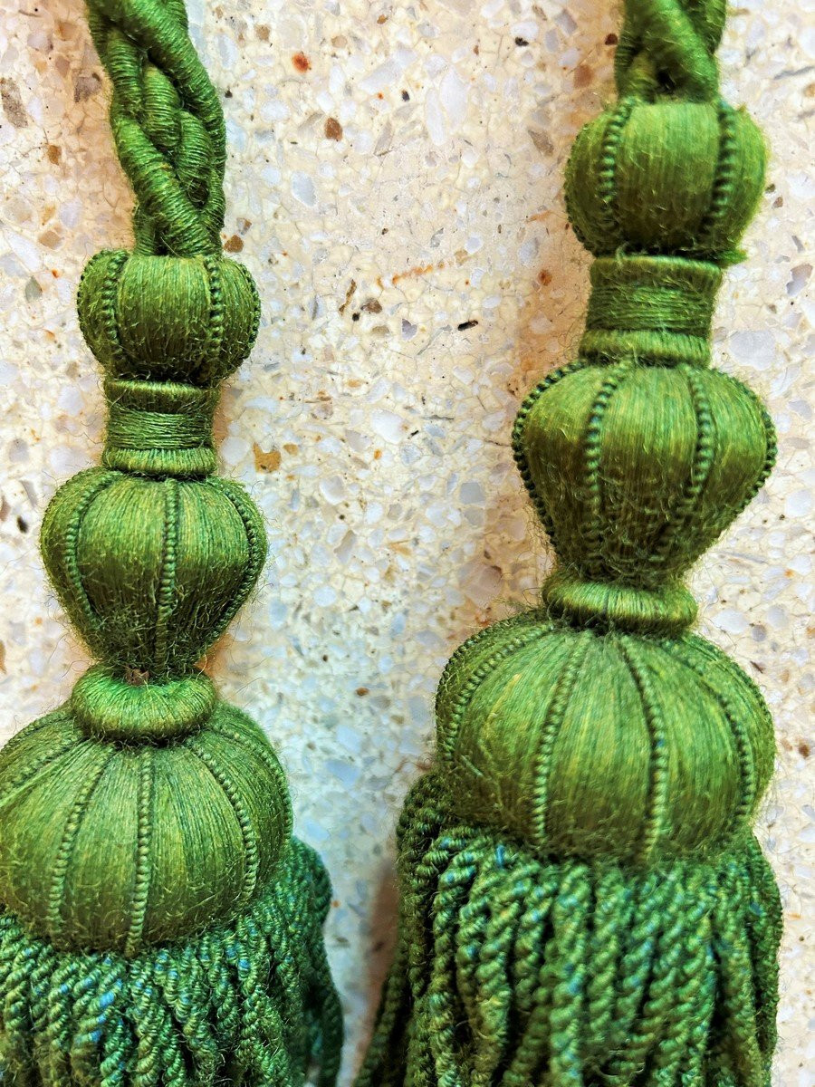 Three Pairs Of Green Wool Trimmed Curtain Tiebacks - Second Empire, Circa 1860-photo-5