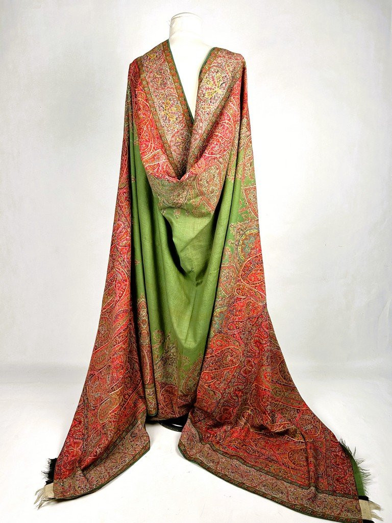 Châle Cachemire espoliné des Indes à réserve verte - Période Sick Circa 1840-photo-2