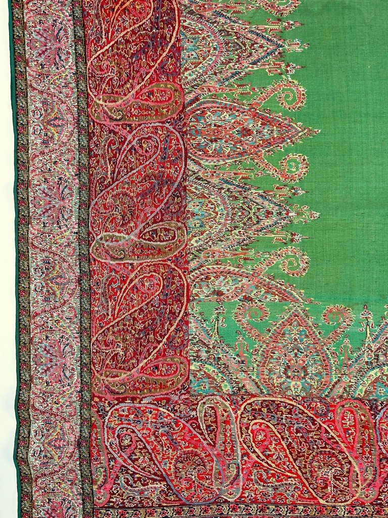 Châle Cachemire espoliné des Indes à réserve verte - Période Sick Circa 1840-photo-1
