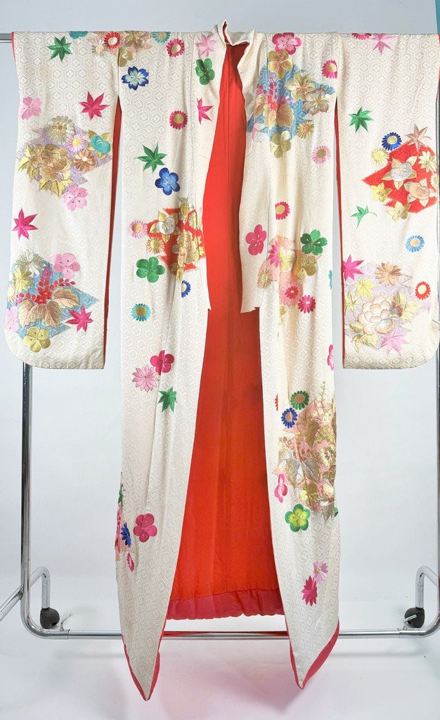 An Embroidered Silk Damask Furisode Kimono - Japan Circa 1960-photo-1