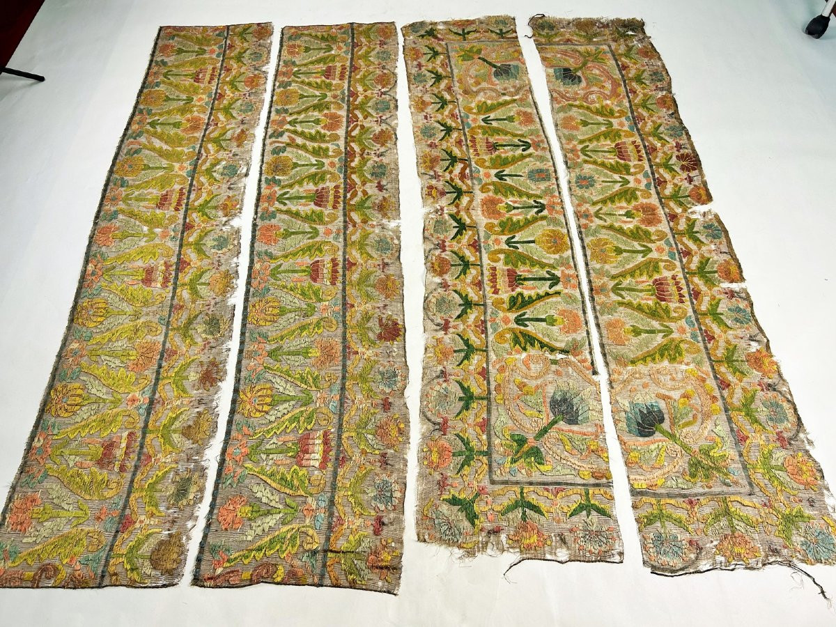 Bordures en broderie de Buratto, soie polychrome sur voile de lin - Italie XVIe-XVIIe siècle-photo-4