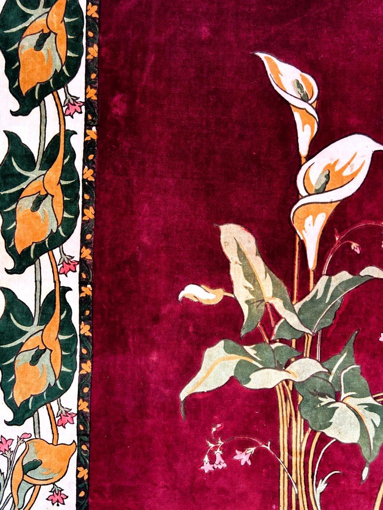 Art Nouveau Velvet Tablecloth Printed With Arums - France, Circa 1900-photo-4