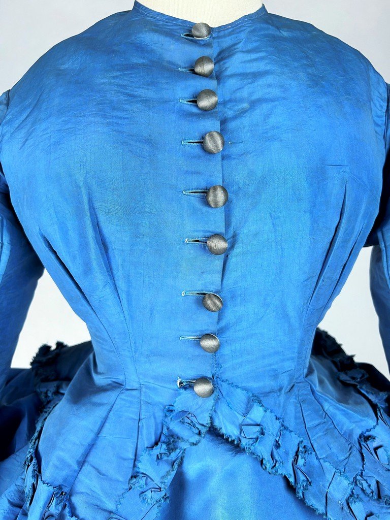 Polish-style Visiting Dress In Blue Silk Taffeta By Raymond Et Falbalas - France, Circa 1875-photo-5