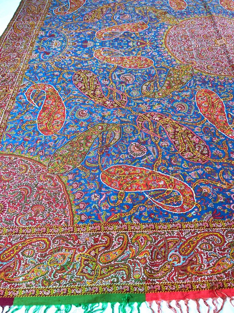 Châle cachemire français Moon Shawl à fond bleu - Nîmes ou Lyon Circa 1850-photo-2