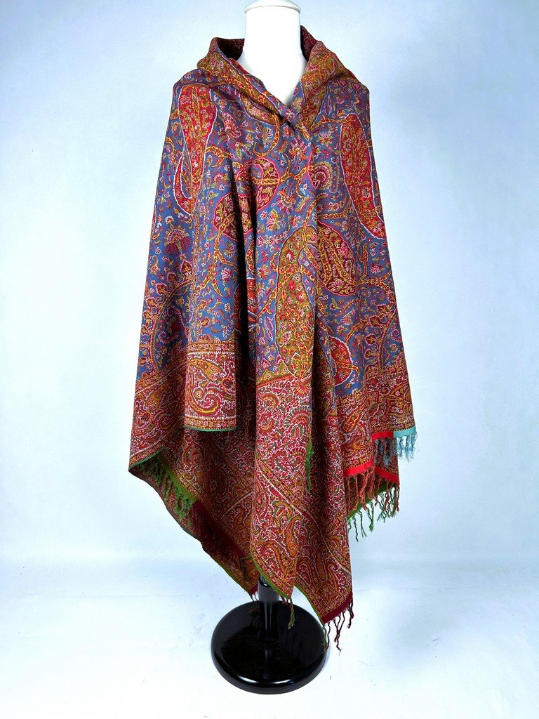 Châle cachemire français Moon Shawl à fond bleu - Nîmes ou Lyon Circa 1850-photo-3
