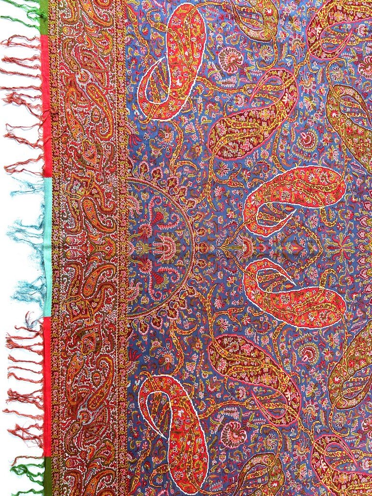 Châle cachemire français Moon Shawl à fond bleu - Nîmes ou Lyon Circa 1850-photo-1