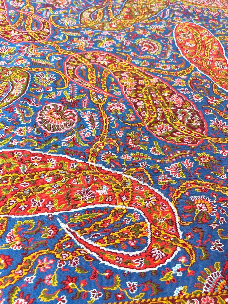 Châle cachemire français Moon Shawl à fond bleu - Nîmes ou Lyon Circa 1850-photo-2