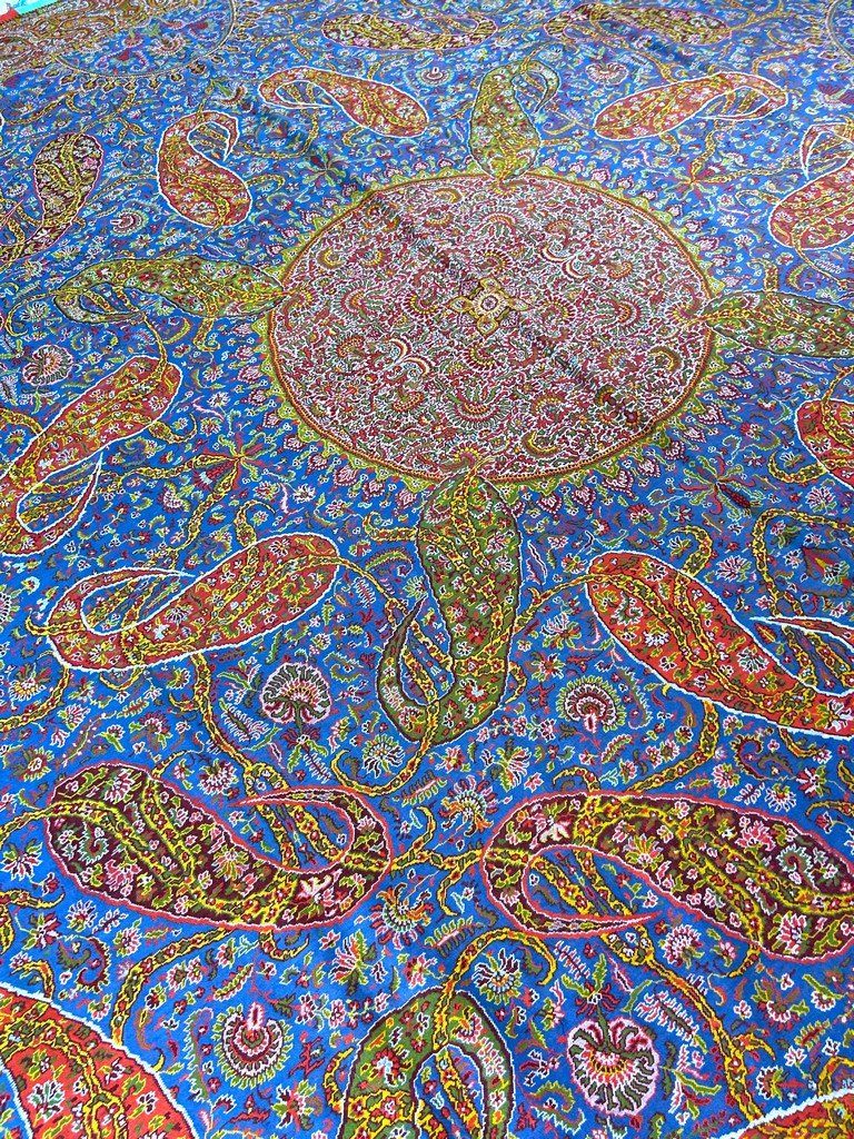Châle cachemire français Moon Shawl à fond bleu - Nîmes ou Lyon Circa 1850-photo-4
