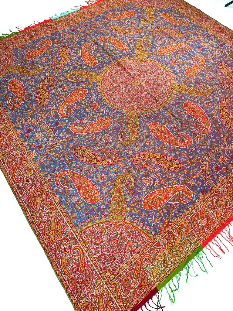 Châle cachemire français Moon Shawl à fond bleu - Nîmes ou Lyon Circa 1850-photo-7