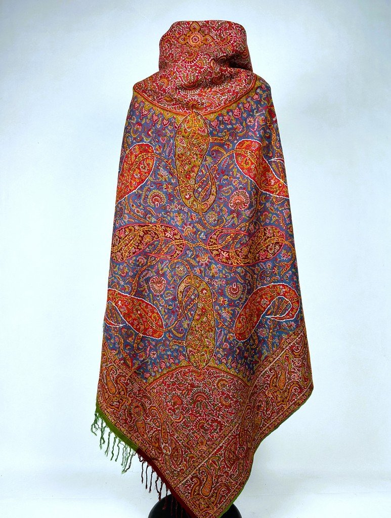 Châle cachemire français Moon Shawl à fond bleu - Nîmes ou Lyon Circa 1850
