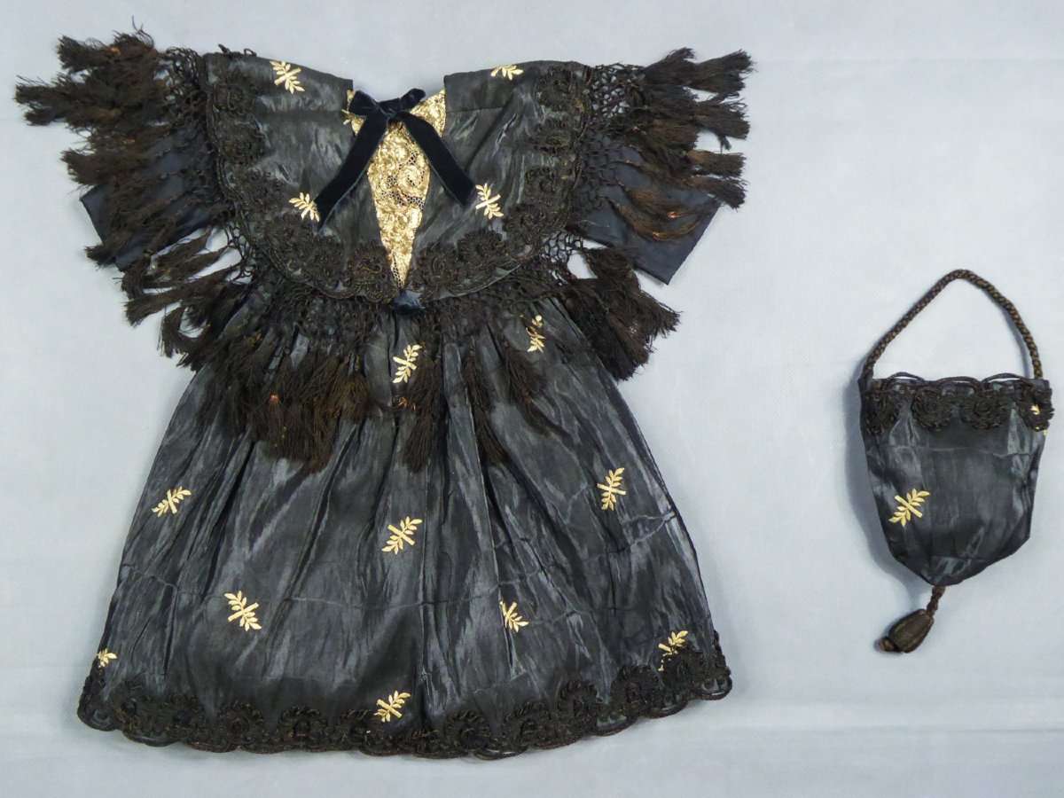 Embroidered Moiré Doll Dress With Matching Reticule—napoleon III Period 