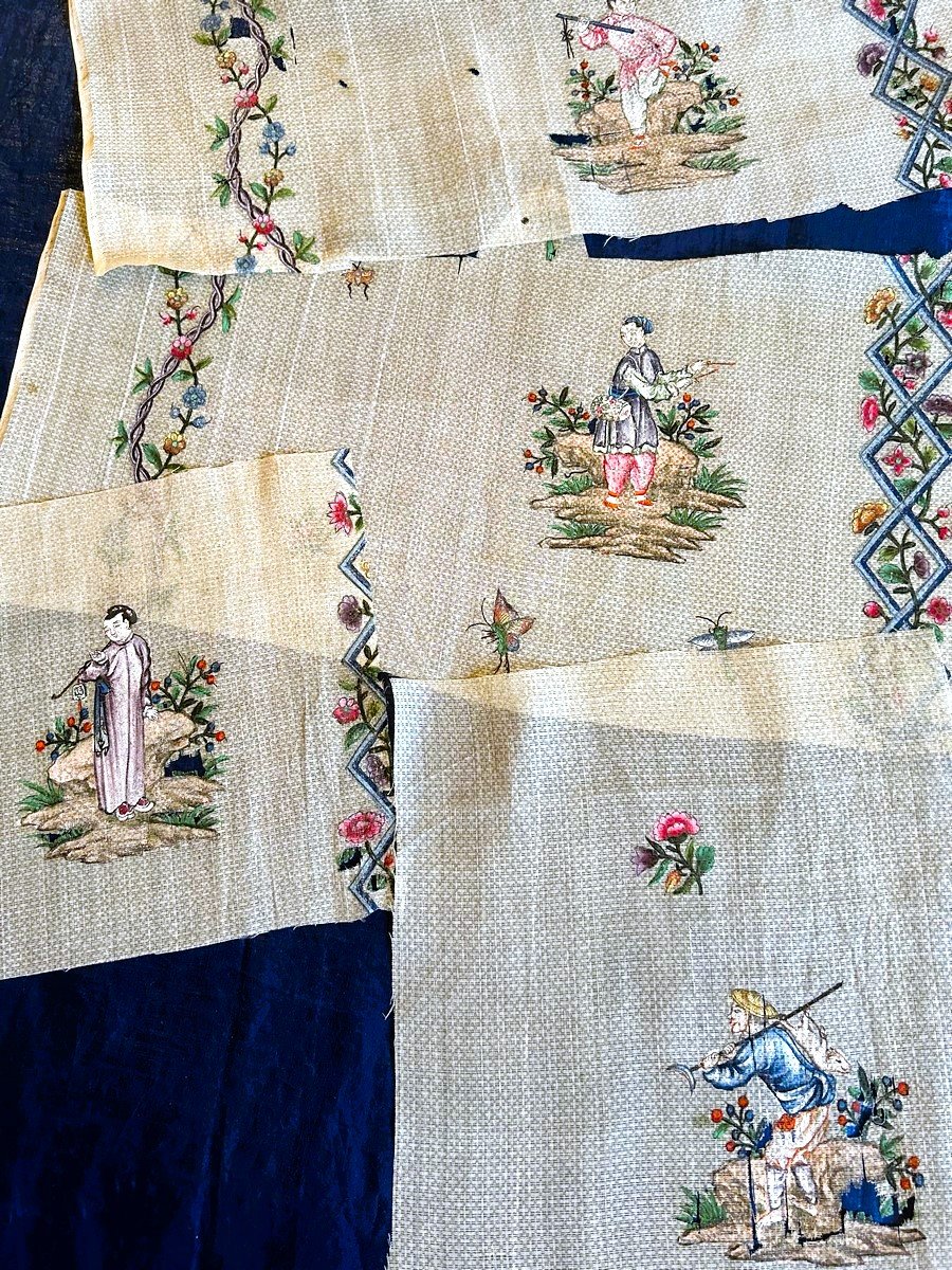 Cinq documents de pékin de soie peint au jus d'herbe - Chine pour Compagnie des Indes C. 1750-photo-3