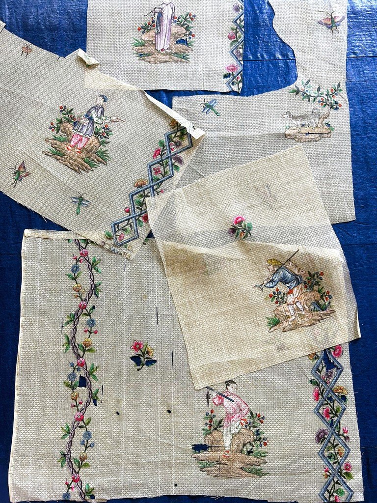 Cinq documents de pékin de soie peint au jus d'herbe - Chine pour Compagnie des Indes C. 1750-photo-4
