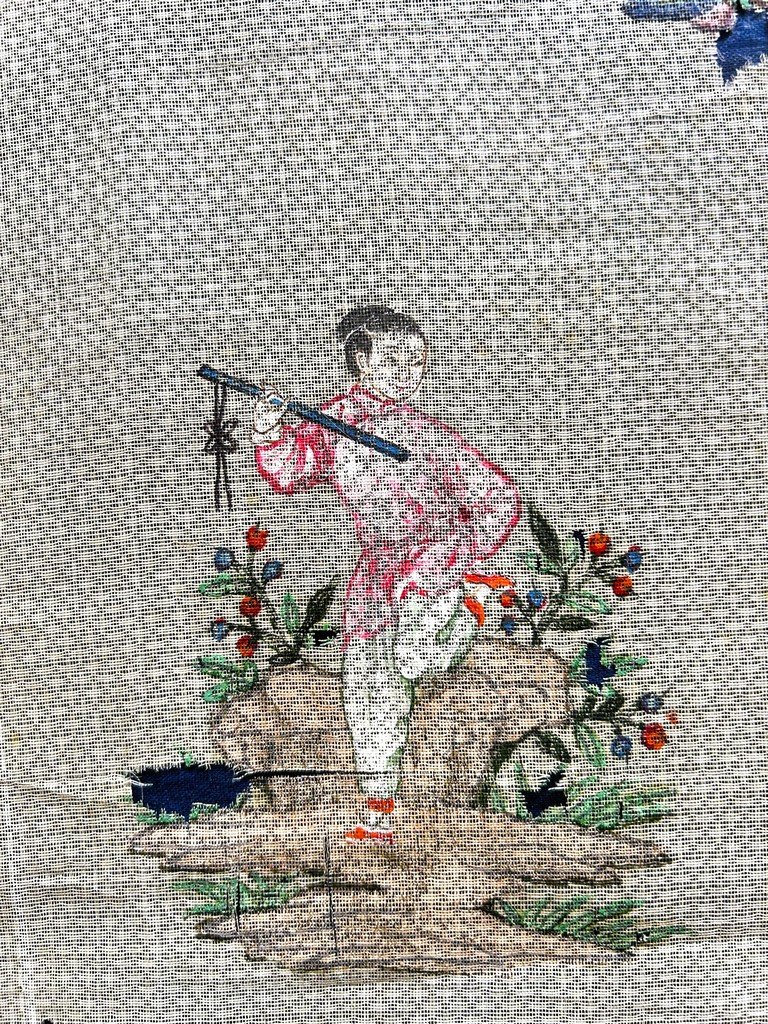 Cinq documents de pékin de soie peint au jus d'herbe - Chine pour Compagnie des Indes C. 1750-photo-1