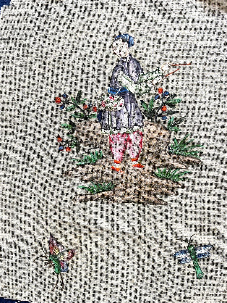 Cinq documents de pékin de soie peint au jus d'herbe - Chine pour Compagnie des Indes C. 1750-photo-2