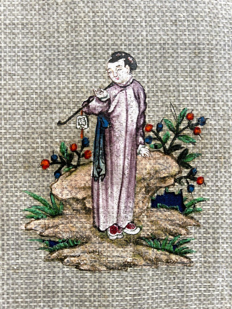 Cinq documents de pékin de soie peint au jus d'herbe - Chine pour Compagnie des Indes C. 1750-photo-3