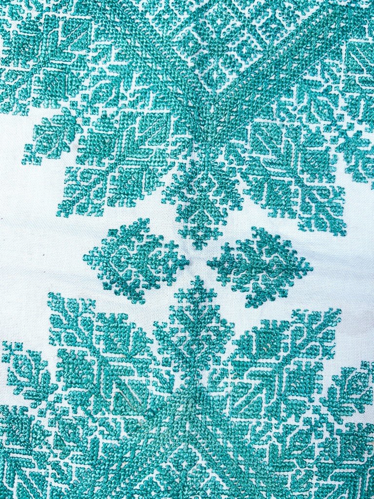 Turquoise Embroidery From Fez On A Cushion Cover - Morocco, Circa 1900–1950-photo-3