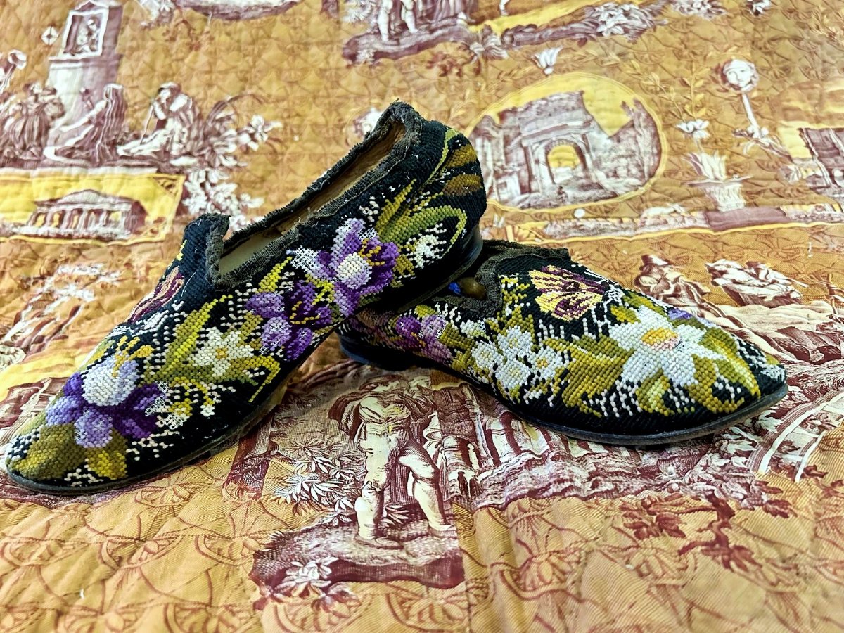 Pair Of Petit Point Slippers For A Men's Smoking Room—second Empire, France-photo-2