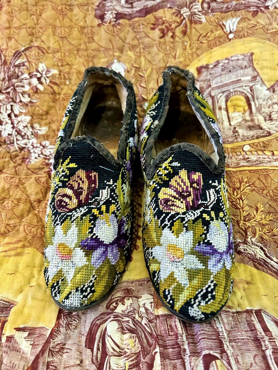 Pair Of Petit Point Slippers For A Men's Smoking Room—second Empire, France-photo-4