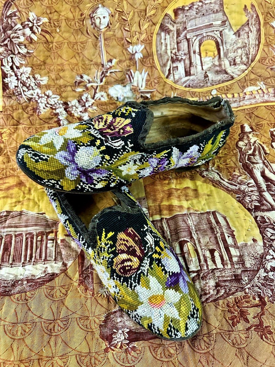 Pair Of Petit Point Slippers For A Men's Smoking Room—second Empire, France-photo-5