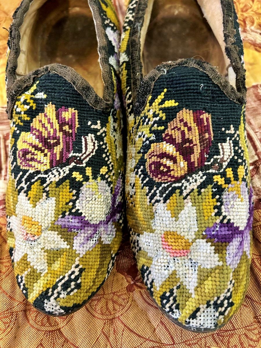 Pair Of Petit Point Slippers For A Men's Smoking Room—second Empire, France