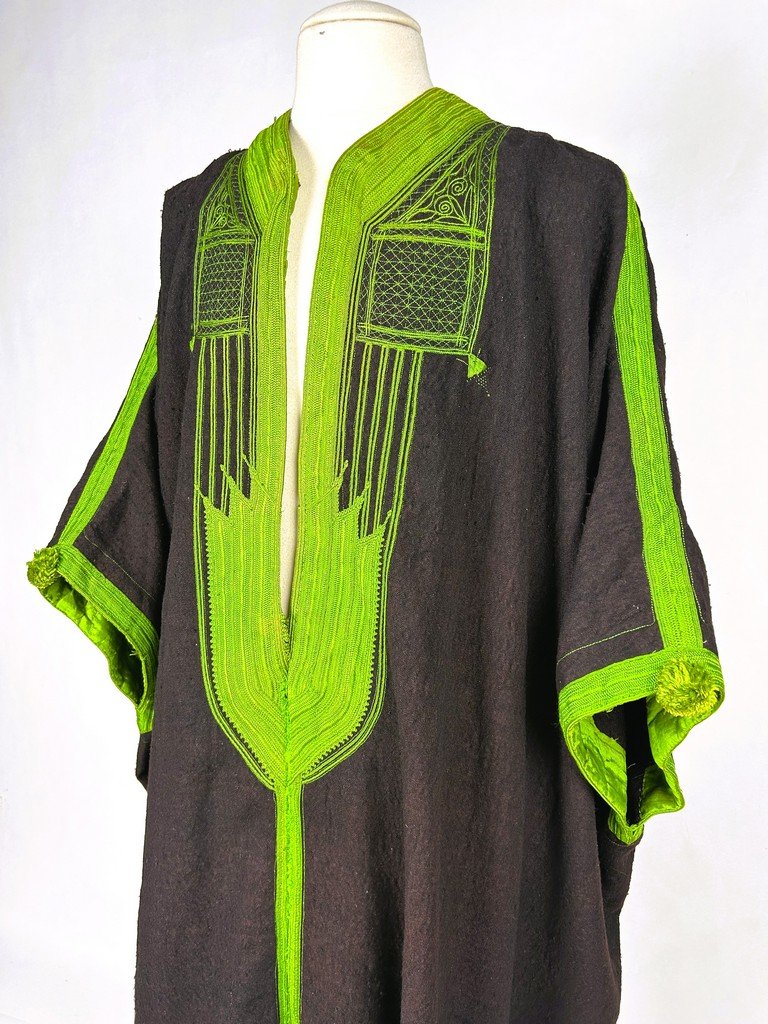 Djellaba Berbère en laine brodé de soie floche vert-jaune - Tunisie Circa 1900-1930-photo-4