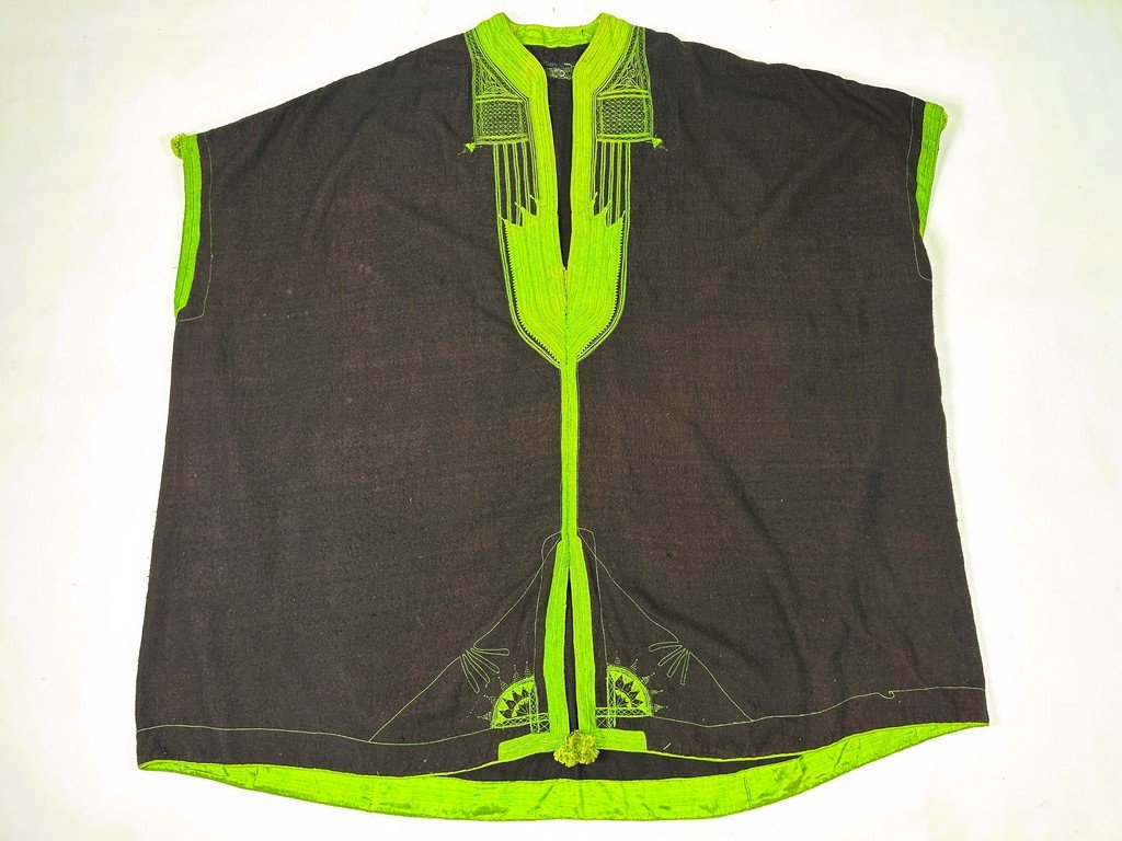 Djellaba Berbère en laine brodé de soie floche vert-jaune - Tunisie Circa 1900-1930-photo-7
