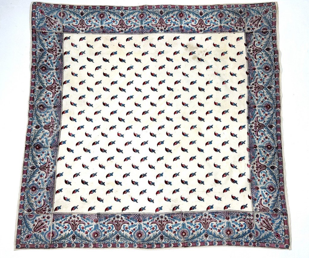 Fichu en Indienne aux piments - impression à la Planche de bois sur coton des Indes Circa 1800-photo-4