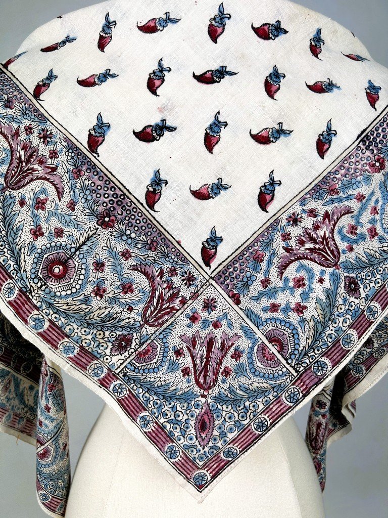 Fichu en Indienne aux piments - impression à la Planche de bois sur coton des Indes Circa 1800-photo-7