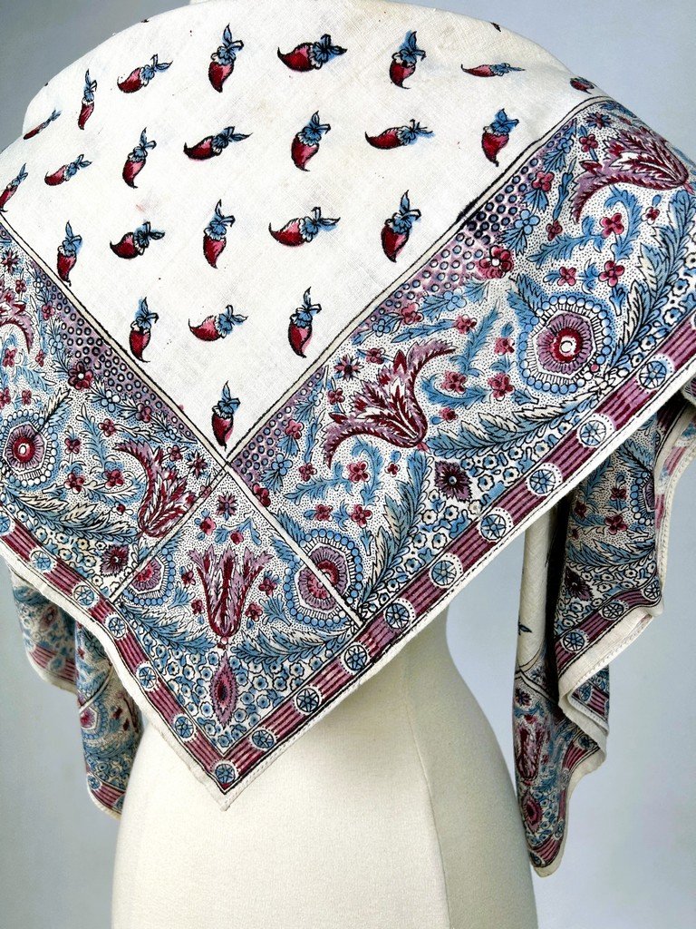 Fichu en Indienne aux piments - impression à la Planche de bois sur coton des Indes Circa 1800